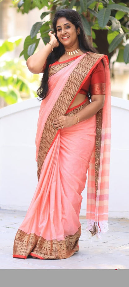 Peach orange narayanpeth Mezadaise Cotton Saree with Intricate Border