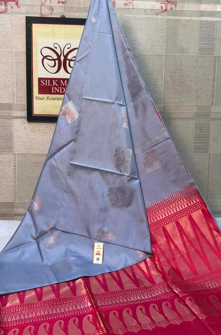 Steel Blue Soft Silk Saree with Red Contrast pallu saree - kanchipuram soft silk saree
