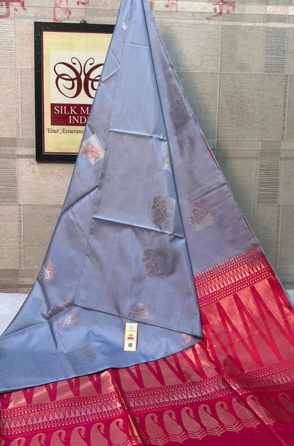 Steel Blue Soft Silk Saree with Red Contrast pallu saree - kanchipuram soft silk saree