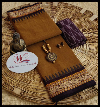 Mustard Brown Kanchi Cotton Saree with Temple Border & Ikat Blouse