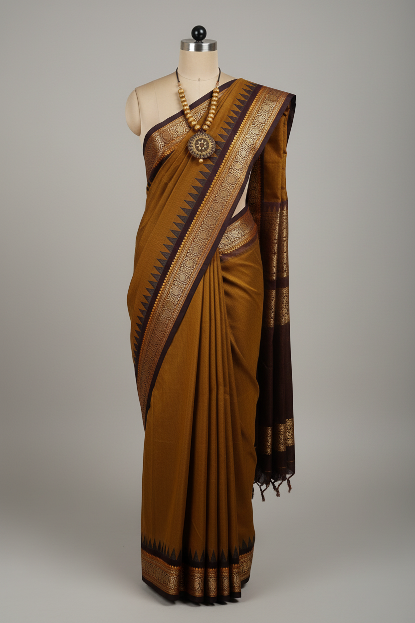 Brown fabric with decorative patterns on a woven surface, featuring a Buddha statue and jewelry.