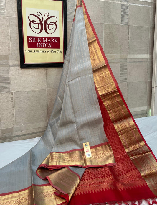 Elegant Silver Grey Pure kanchipuram Silk Saree with Rich Red & Gold Zari Border