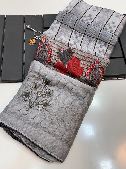 Chic Stone Grey Floral & Check Print Party Wear Saree with Cutdana Work