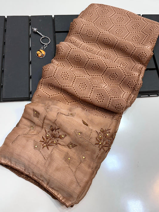 Designer Mocha Brown Saree: Intricate Jali Weave & Embellished Border