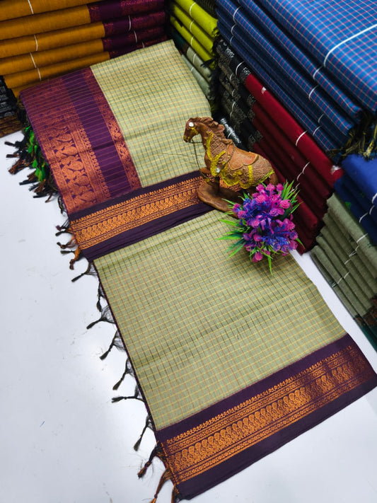 Kalyani Cotton Saree in Leaf Green Checks with Rich Purple–Gold Zari Border