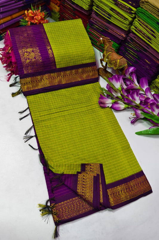 Green and purple saree with floral decorations on a white background