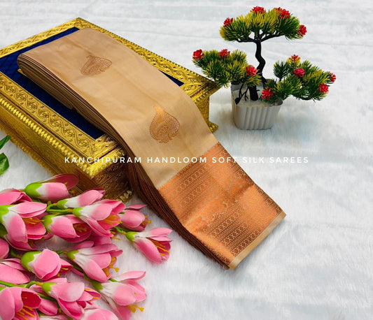 golden beige body - Kanchipuram Style Semi Silk Saree with Rich Zari Border