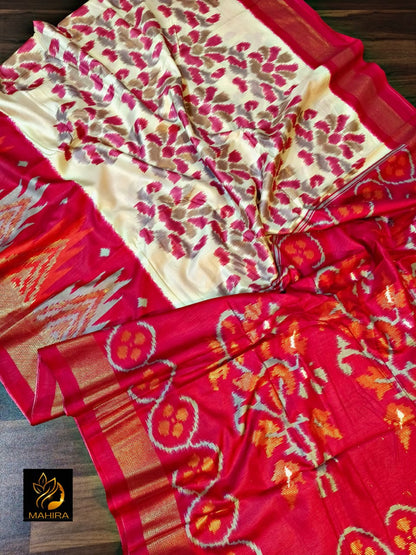 Ikkath style design dola silk saree in red an off white