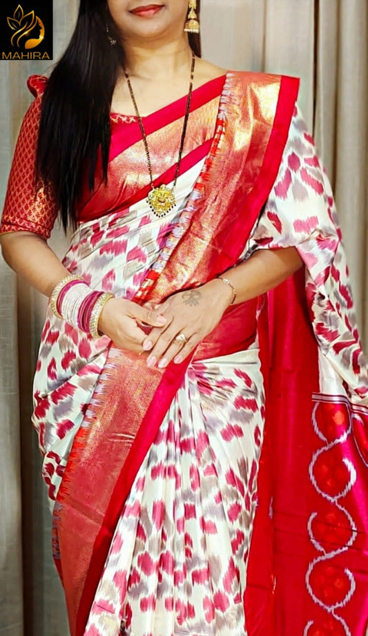 Ikkath style design dola silk saree in red an off white