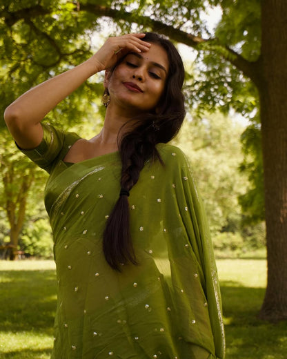 Viscose Georgette Butti Sequin Work Saree with Running Blouse