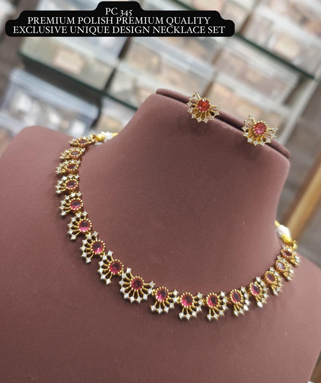 Necklace set with pink gemstones on a mannequin bust, with text about premium quality and design.
