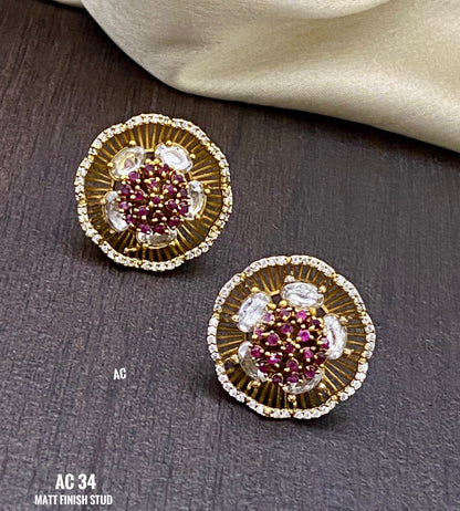 Matt Finish Floral Stone Stud Earrings – Indian Traditional Earrings