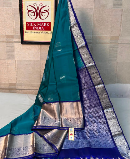 Teal Blue Silk Saree with Silver Zari Border Pure Silk Mark Certified Kanchipuram Silk Saree