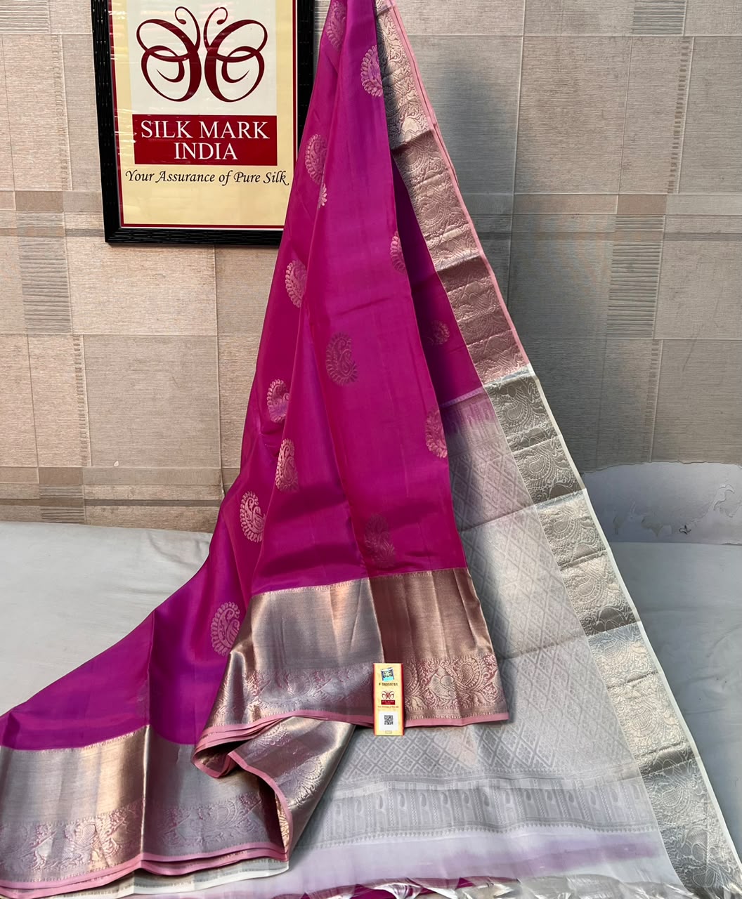 Magenta Pink Silk Saree with Silver Zari Border | Indian Silk Saree