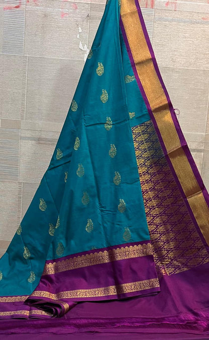 Teal Blue Vegan Silk Saree with Purple Gold Retta Petta Korvai Border