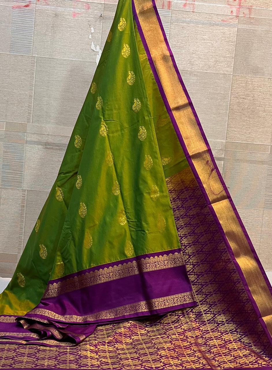 Green Vegan Silk Saree with Purple Gold Retta Petta Korvai Border and Contrast Pallu