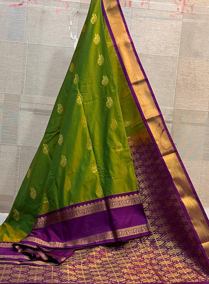 Green Vegan Silk Saree with Purple Gold Retta Petta Korvai Border and Contrast Pallu