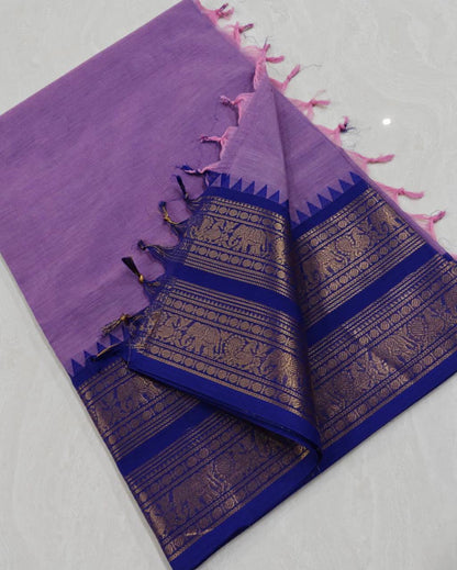 Lavender Purple Kanchi Cotton Saree with Royal Blue Gold Zari Border