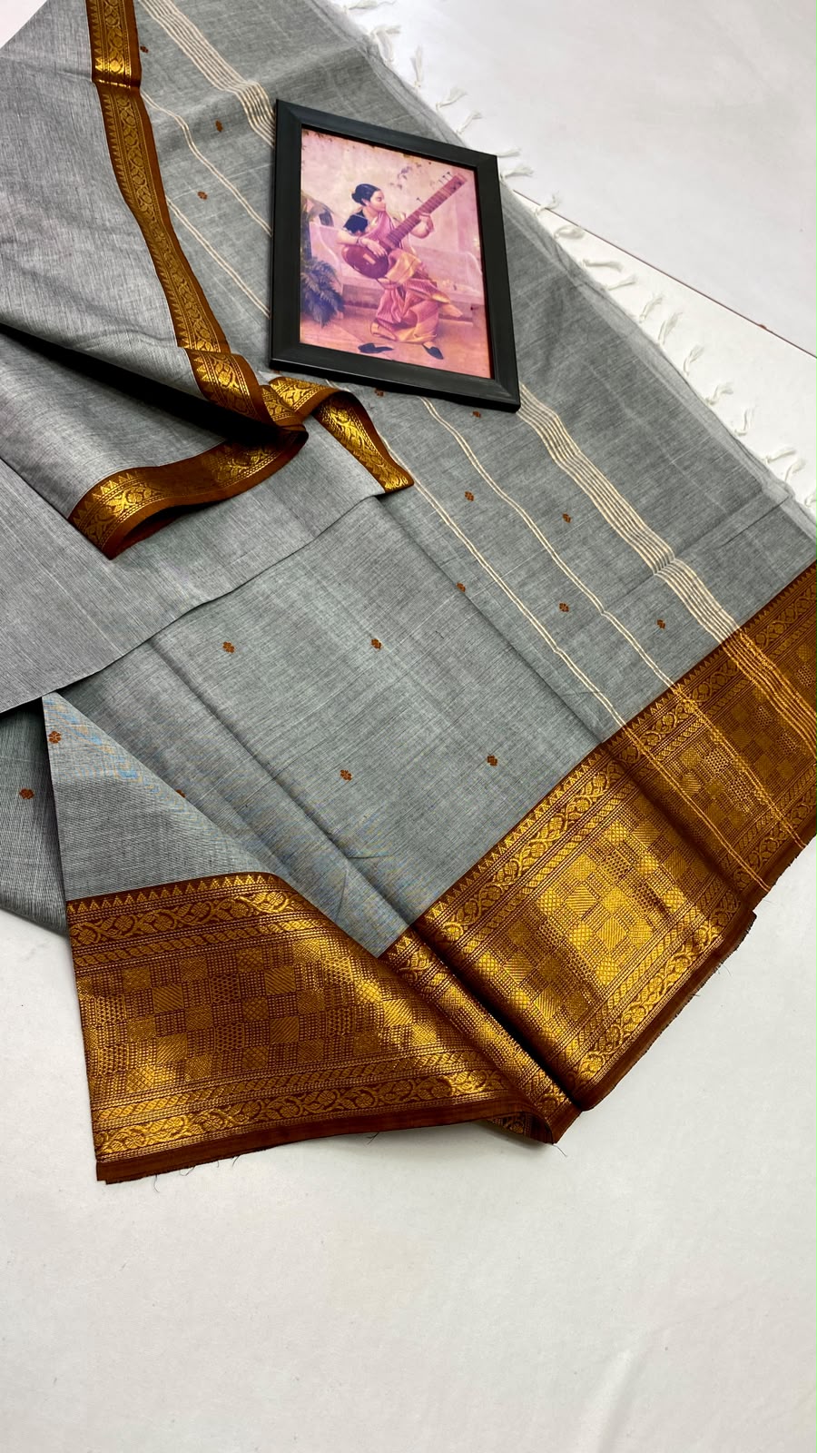 Grey Kanchi Cotton Saree with Antique Gold Zari Border