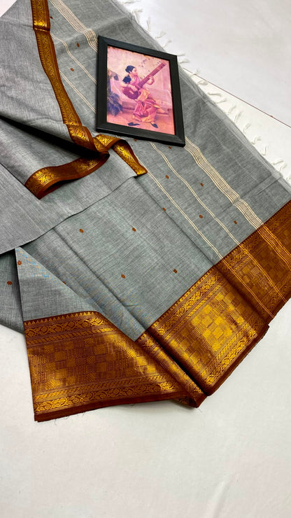 Grey Kanchi Cotton Saree with Antique Gold Zari Border