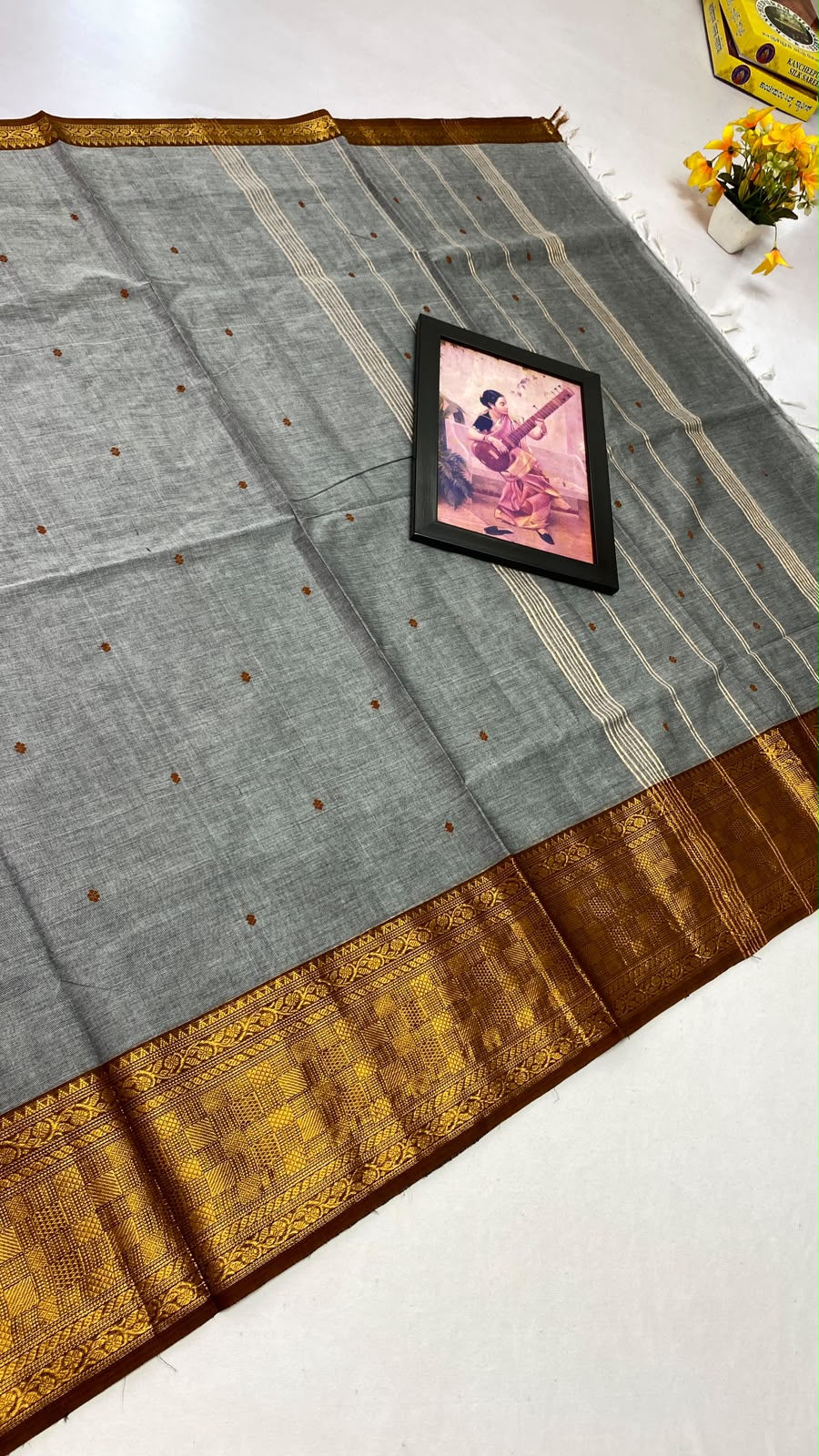 Grey Kanchi Cotton Saree with Antique Gold Zari Border