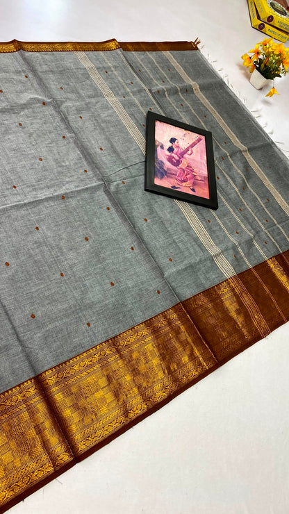 Grey Kanchi Cotton Saree with Antique Gold Zari Border
