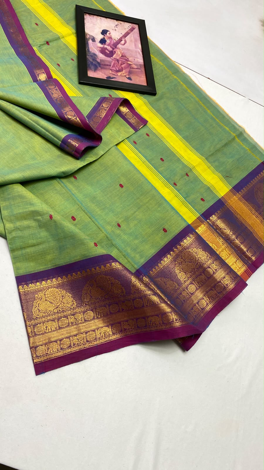 Parrot Green Saree with Purple and Gold Zari Border - Kanchi Cotton