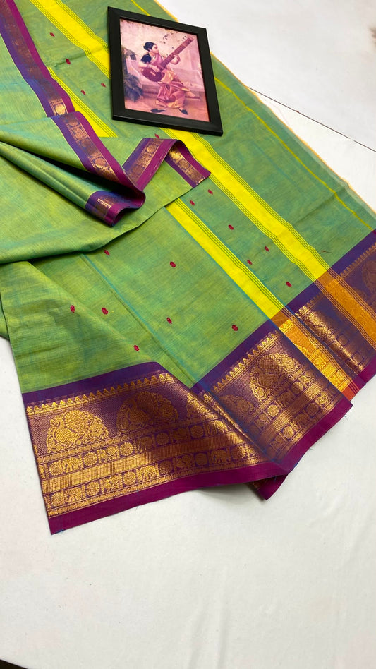 Parrot Green Saree with Purple and Gold Zari Border - Kanchi Cotton