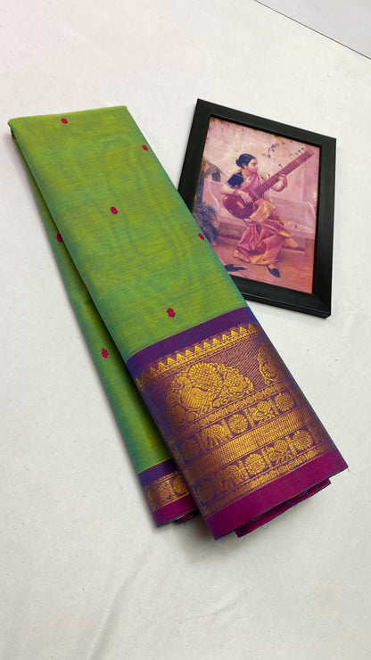 Parrot Green Saree with Purple and Gold Zari Border - Kanchi Cotton