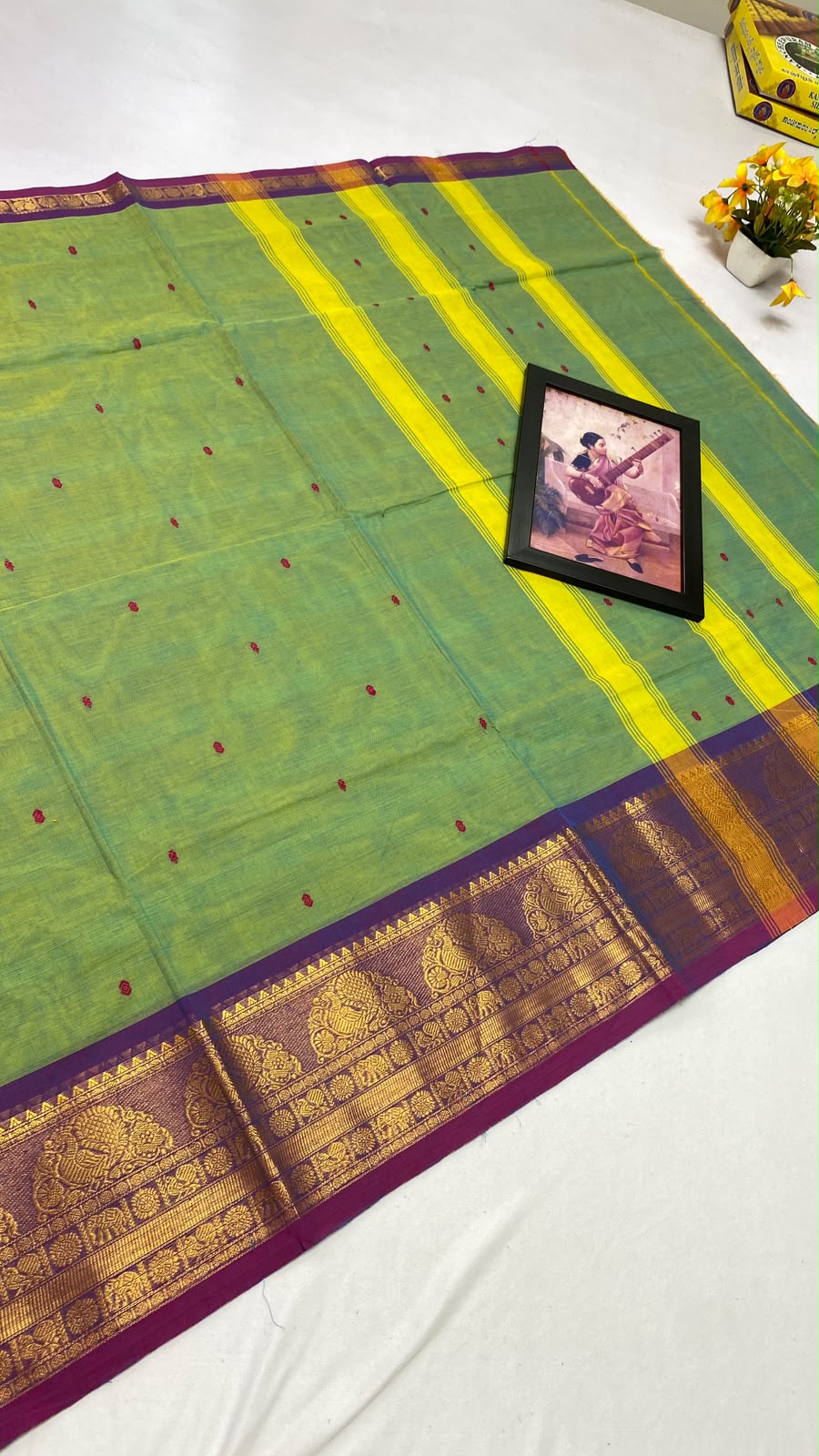Parrot Green Saree with Purple and Gold Zari Border - Kanchi Cotton