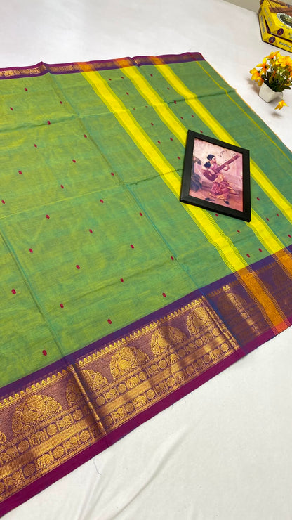 Parrot Green Saree with Purple and Gold Zari Border - Kanchi Cotton
