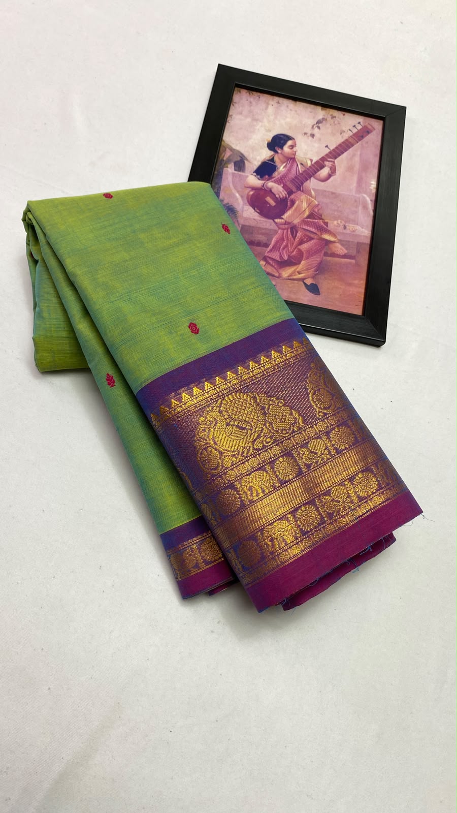 Parrot Green Saree with Purple and Gold Zari Border - Kanchi Cotton
