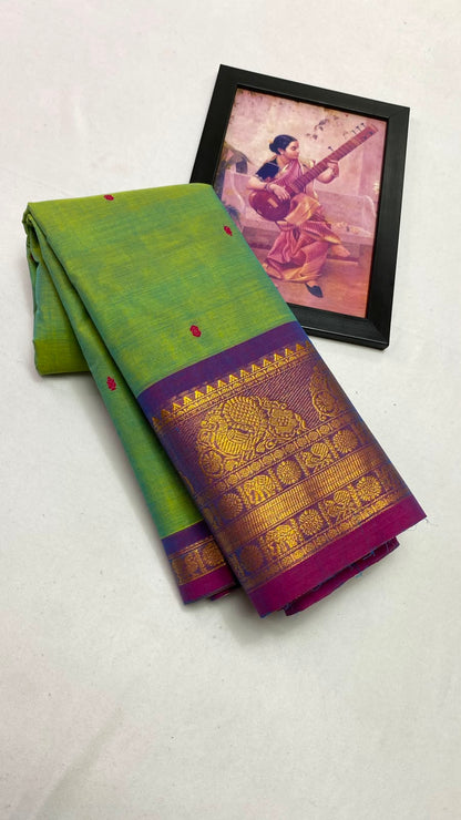 Parrot Green Saree with Purple and Gold Zari Border - Kanchi Cotton