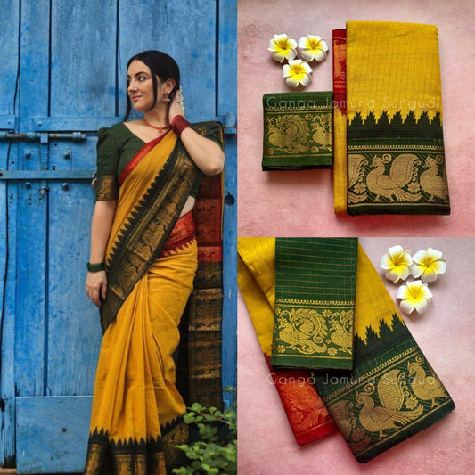 Mustard Yellow Sungudi Cotton Saree with Green Ganga-Jamuna Border and Blouse Piece