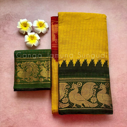 Mustard Yellow Sungudi Cotton Saree with Green Ganga-Jamuna Border and Blouse Piece