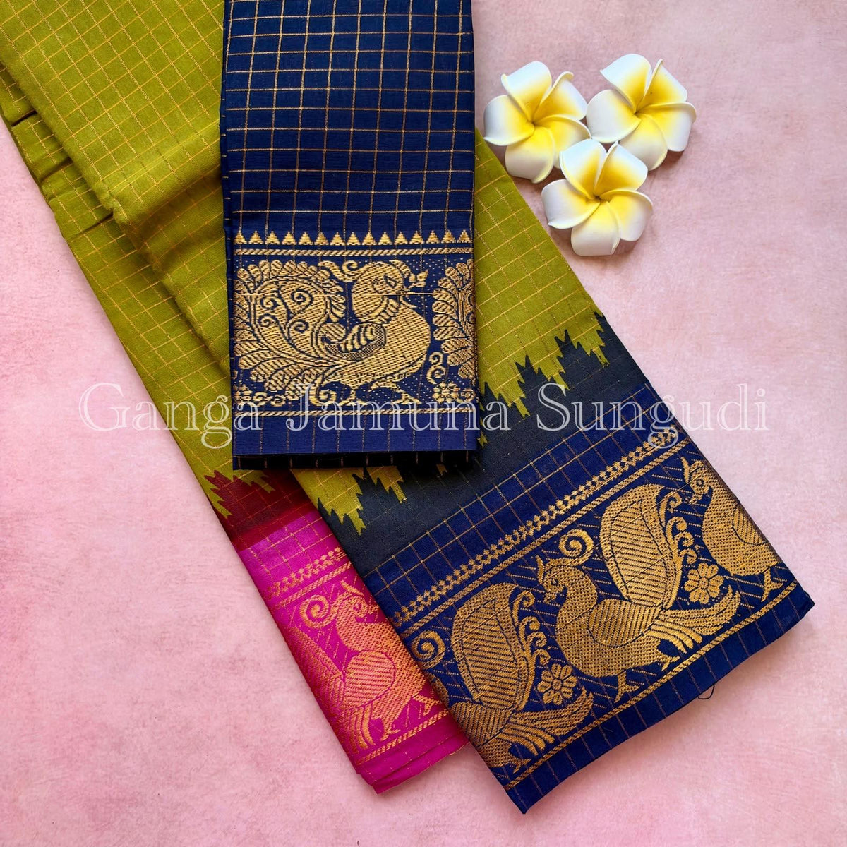 Mustard Yellow Sungudi Cotton Saree with Green Ganga-Jamuna Border and Blouse Piece