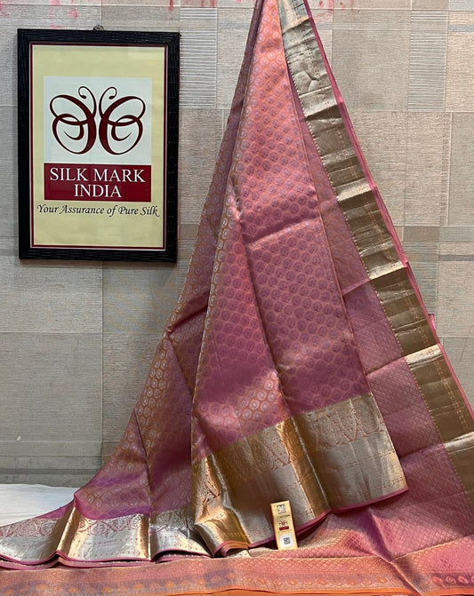 Dusty Rose Pink Pure Kanchipuram Silk Saree with Rich Gold Zari Border | Traditional Wedding Silk Saree