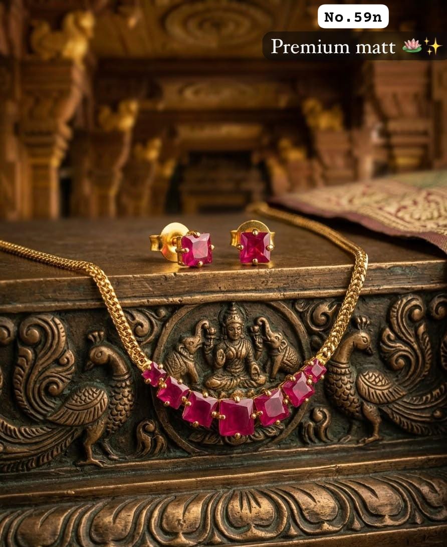 Gold Plated Necklace and Stud Earrings Set with Square Coloured Stones