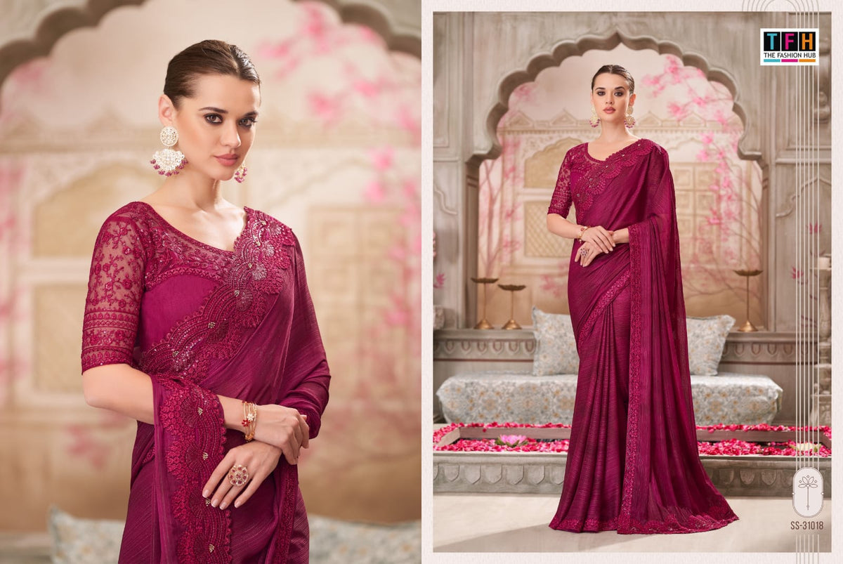 Magenta Chiffon Designer Saree with Embroidered Blouse | Party Wear Saree