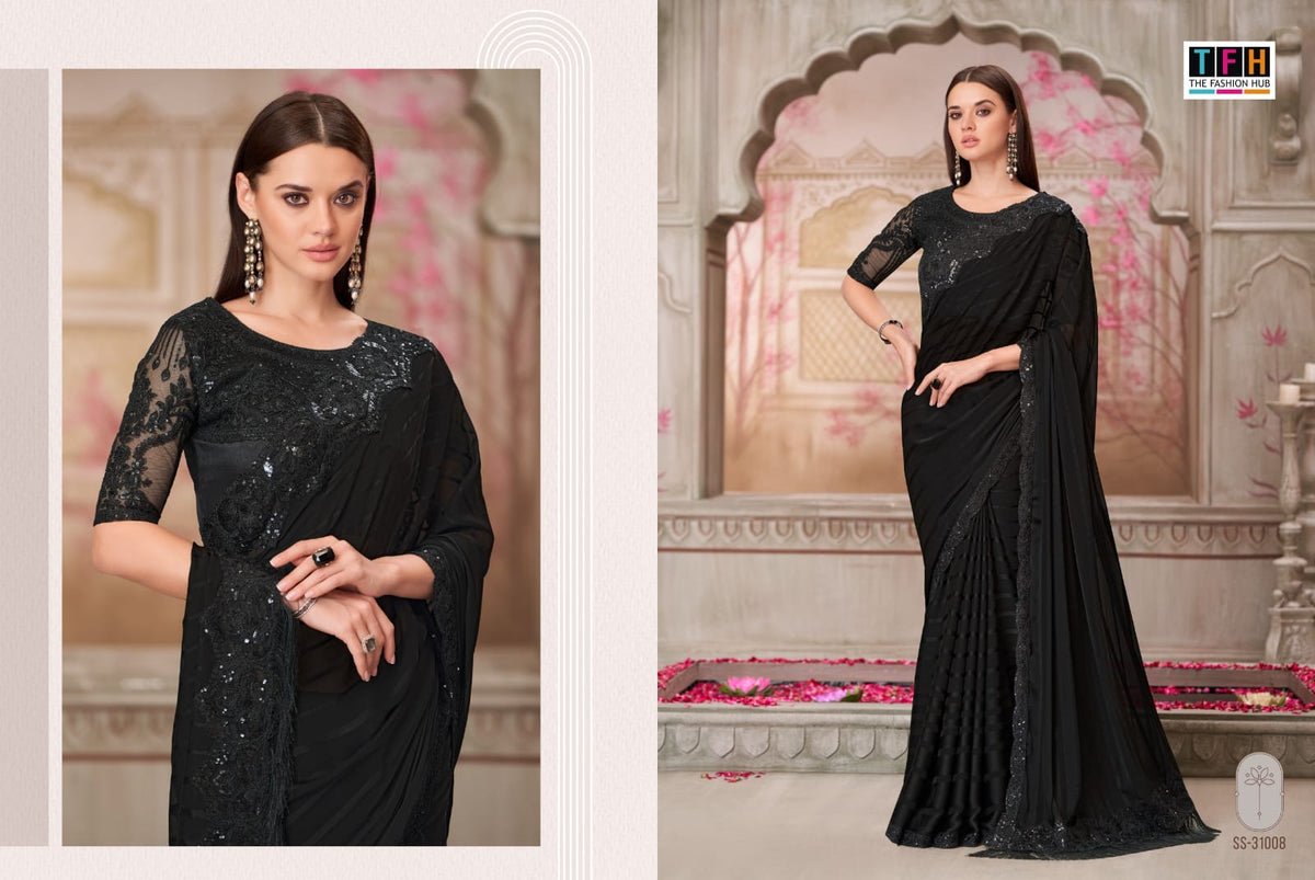 Black Georgette Designer Saree with Embellished Blouse | Cocktail Party Wear Saree