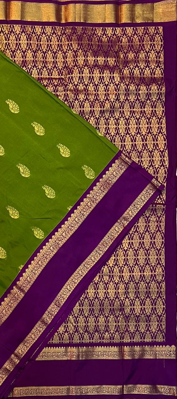 Green Vegan Silk Saree with Purple Gold Retta Petta Korvai Border and Contrast Pallu