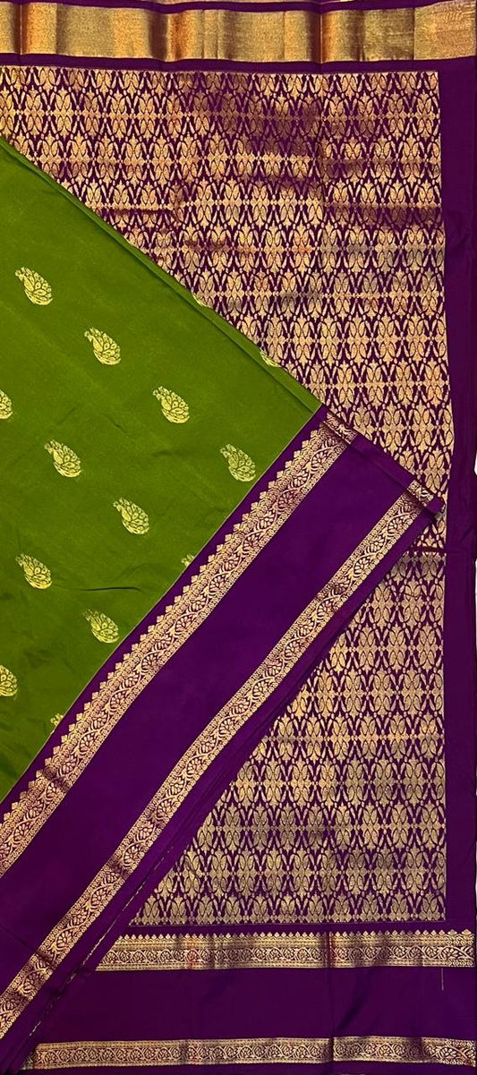 Green Vegan Silk Saree with Purple Gold Retta Petta Korvai Border and Contrast Pallu