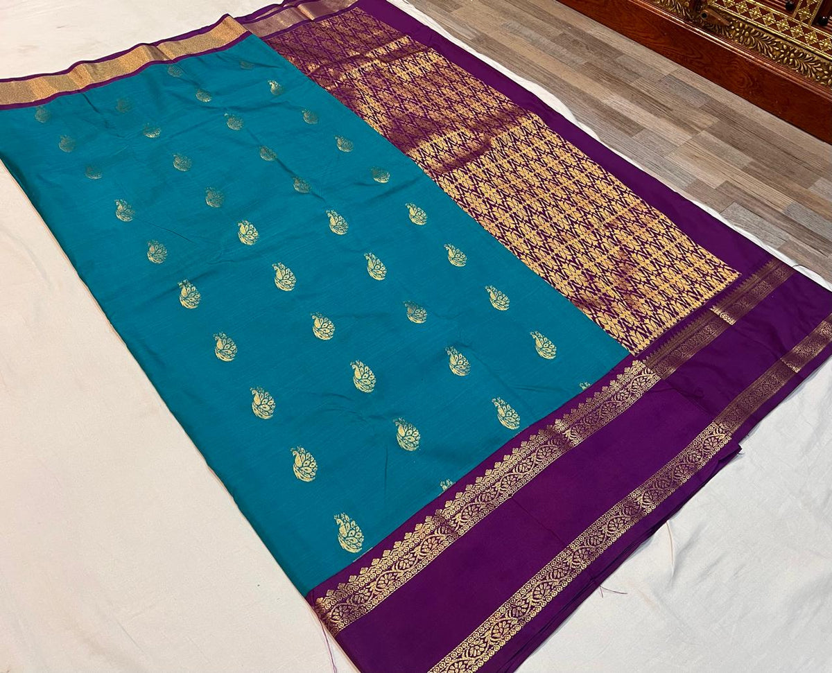 Teal Blue Vegan Silk Saree with Purple Gold Retta Petta Korvai Border