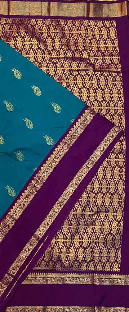 Teal Blue Vegan Silk Saree with Purple Gold Retta Petta Korvai Border