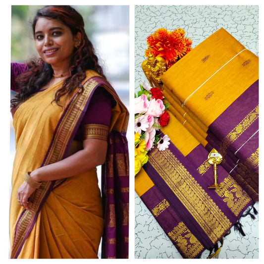 Mustard and purple Kalyani cotton saree