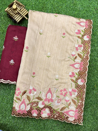 Champagne gold  - Visca Slub Silk Saree with Intricate Cut Work & Embroidery