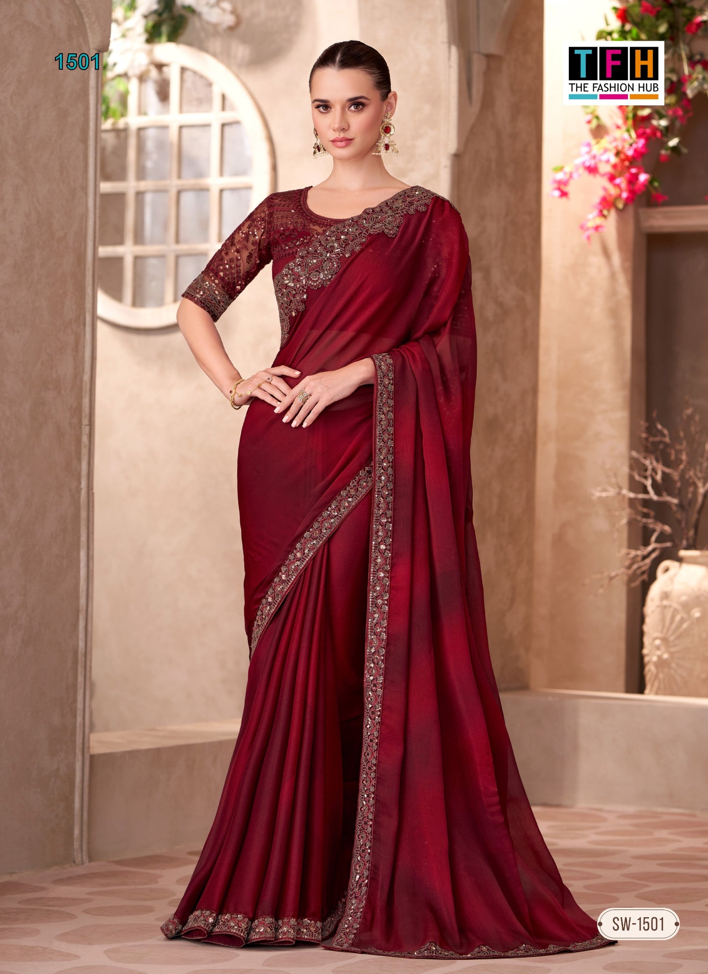 Red Mauve Satin Saree with Embroidered Border