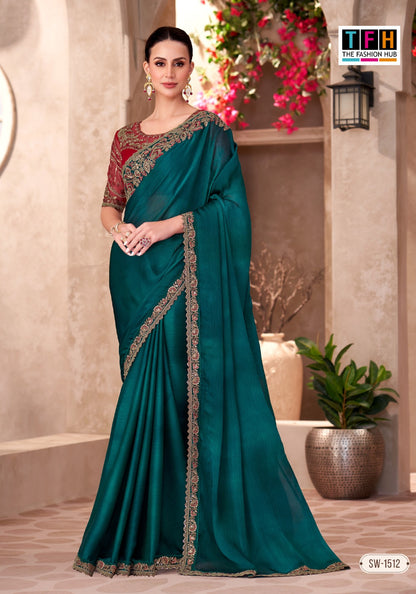 Blue and Red Mauve Satin Saree with Embroidered Border