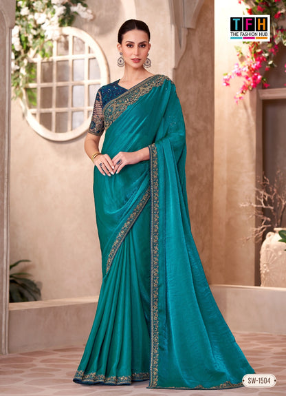 Majestic blue party wear saree with intricate embroidery