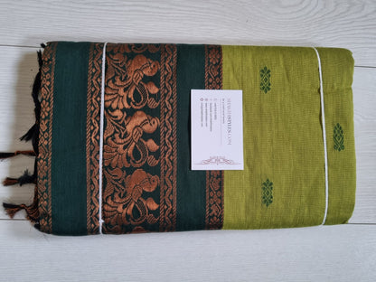 Folded fabric with decorative patterns on a wooden surface